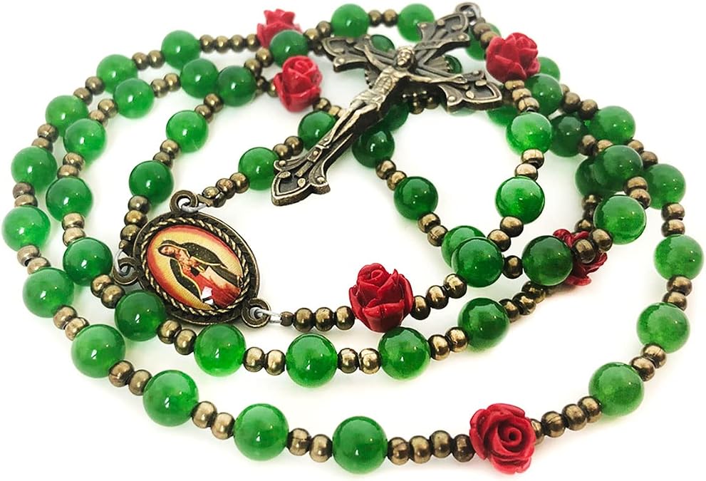 Our Lady of Guadalupe Emerald Green Jade Stone and Red Rose Rosary