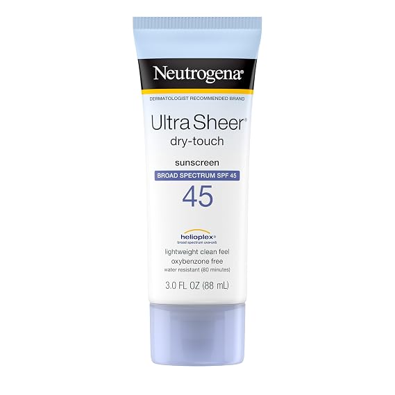 Neutrogena Ultra Sheer Dry-Touch Sunscreen Lotion, Broad Spectrum SPF 45 UVA/UVB Protection, Light, Water Resistant, Non-Comedogenic; Non-Greasy, Travel Size, 3 fl. oz