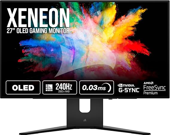 Corsair XENEON 27QHD240 27-Inch OLED Gaming Monitor - 2560 x 1440, 240Hz, 0.03ms, NVIDIA G-SYNC Compatible, AMD FreeSyncTM Premium, DisplayHDR10, HDMI 2.1, DisplayPort 1.4, USB-C 3.1 - Black