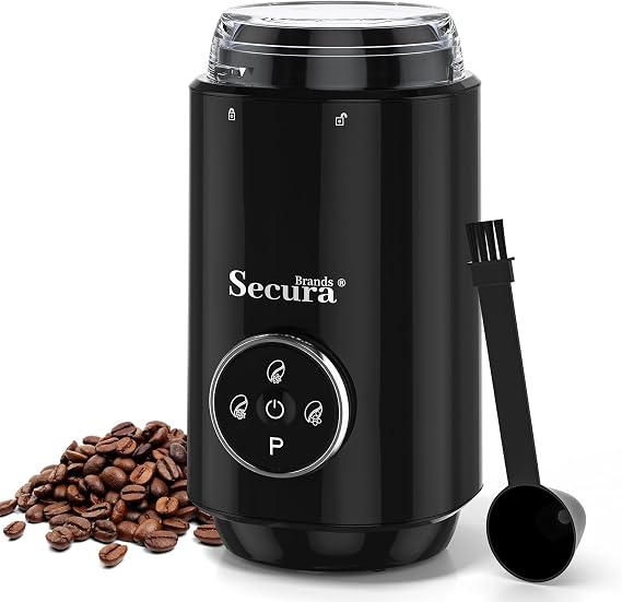 Secura Brands Electric Coffee Bean Grinder, Black | For Coffee Bean, Spices, Quiet Grinding, Hand Free or Pulse, Coarseness Adjustable Setting, Safety Lock, with Brush