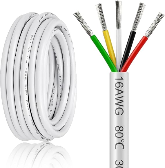 20FT 16 Gauge Wire 5 Conductor, 16AWG Electrical Wire, 16/5 Oxygen Free Stranded Tinned Copper Wire, Insulated Low Voltage Cable for LED Lamps Lights Automotive