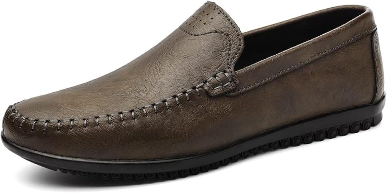 Men's Slip-On Leather Shoes, Driving Loafers, Casual Flats, Retro Style, Handmade, Breathable, Big Size