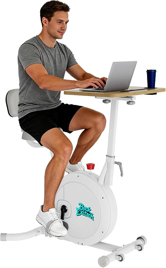 Desk Exercise Bike with Laptop Tray, Stationary Bike with Tabletop Workstation, Adjustable Resistance Indoor Cycling Bike with Backrest, Quiet Home Office Fitness Bike for Cardio Training