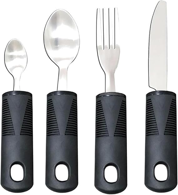 4Pcs Large Wide Handled Easy Grip Cutlery Set, Cutlery for Arthritic Hands, Anti-Shake Spoon & Fork,Disability Flawless Dining Aid(Black-Straight Handle)