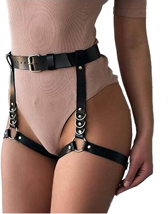 Leg Harness Waist Belt PU Leather Body Chain Accessories for Women Edgy Gothic Belly Chain Leg Garters for Festival Clubwear (Black, One Size)