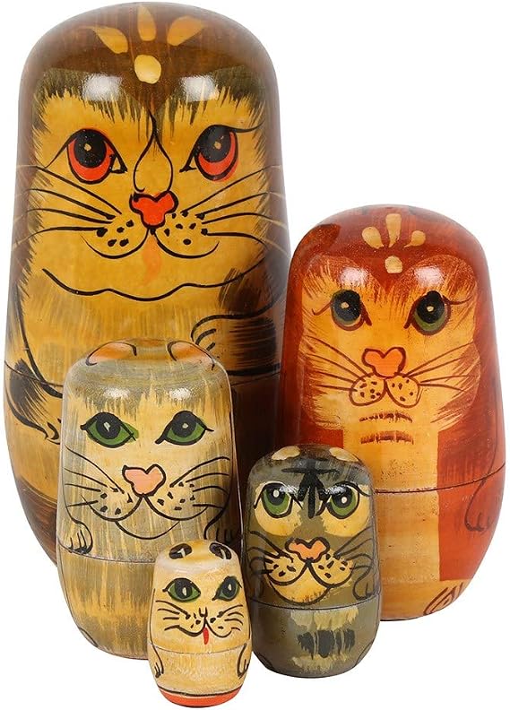 Unique Hand-Painted Cat Russian Doll - 12x6.5 Centimeters (Set of 5) - Eye-Catching Home Ornament - Perfect For Cat Lovers