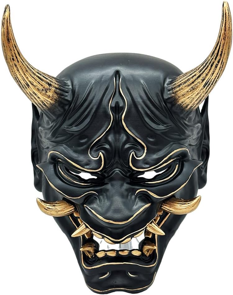 Samurai Ghost Mask, Halloween Japanese Oni Horror Wearable Mask for Men, Halloween Cosplay Full Face Mask Costume Black Golden