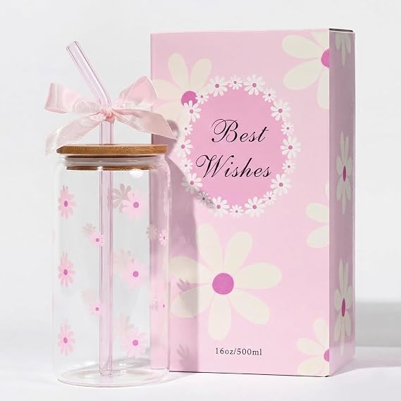Cute Glass Cups with Lid Straw Teen Girl Birthday Gifts for Women