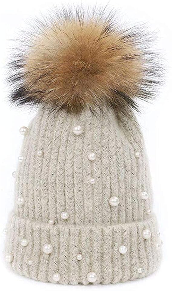 Womens Girls Winter Knitted Beanie Hat Faux Fur Ball Pom Pom Pearls Beaded Trim Hat Warm Cap