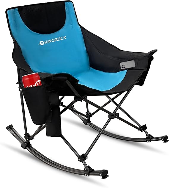 KINGROCK Oversized Rocking Camping Chair with Headrest and Carry Bag, 260LBS Capacity Folding Portable Camp Chairs for Adults, Recliner for Outdoor, Beach, Fishing, Travel, Sports Games,Blue