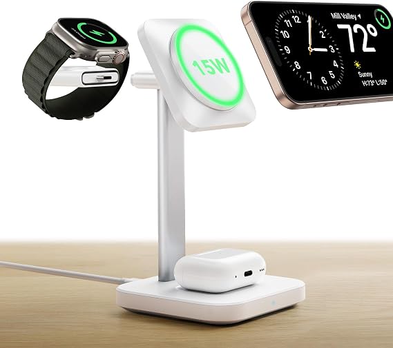 ESR 3 in 1 Wireless Charging Station, Magsafe Charger for iPhone 17-12 | 15W MagSafe Charger Stand for iPhone, Wireless Charger for Multiple Devices iPhone 17-12&Apple Watch&AirPods, White