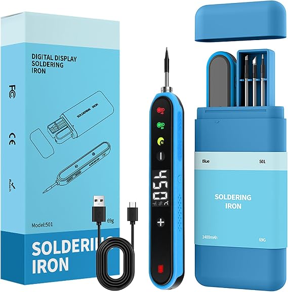 Cordless Soldering Iron Kit with Stand, 3 Soldering Tips - Blue