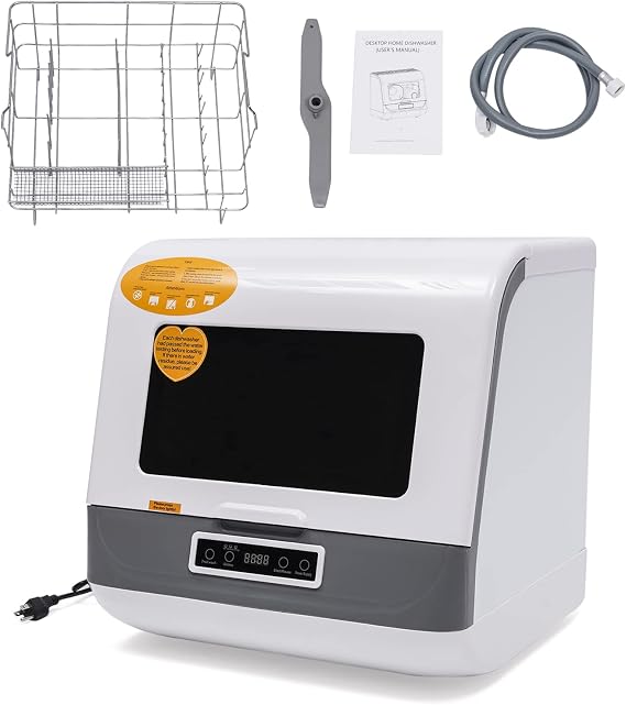 Portable Countertop Dishwasher 110V 1200W Compact Dishwashers with 4 Washing Programs, 55C-65C High-Temperature Washing Kitchen Mini Dishwasher with Air-Dry Function (White)