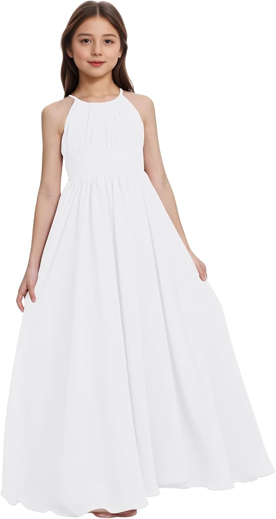 Halter Junior Bridesmaid Dresses Chiffon Flower Girl Dress Sleeveless Party Pageant Gown with Bow Belt