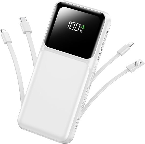 RONEGN Portable Charger with Built in Cable - Power Bank Fast Charging 22.5W USB C 10000mAh LED Display Travel Battery Pack 5 Outputs & 3 Inputs for iPhone Samsung Android iPad Phones Tablets etc