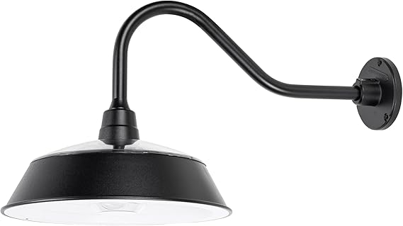 Gama Sonic Solar Barn Light for Outdoors with 14.5 Metal Dome Lamp, Bright 250-Lumen LED, Wall-Mount Gooseneck, Dusk-to-Dawn, Warm White 2700K, Aluminum, Integrated Solar Panels, Waterproof (Black)