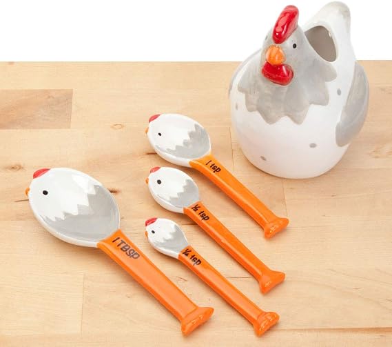Bits and Pieces 4-Piece Ceramic Chicken Measuring Spoons Set with Holder - Farm Animal Country Theme - Includes 1/4, 1/2, 1 Teaspoon, 1 Tablespoon, Kitchen Chicken Decor