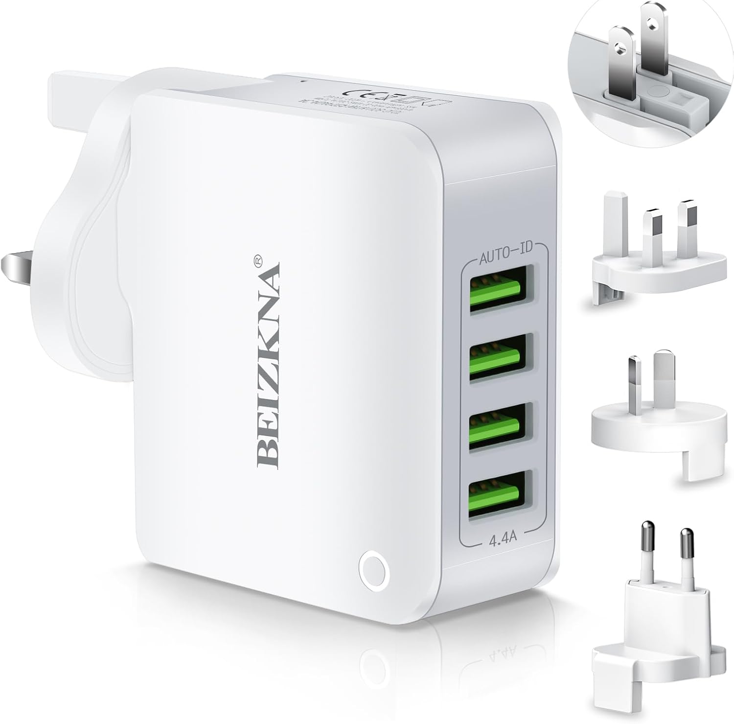 Travel Adapter 4 USB Universal Charger Plug Adaptor 22W 4.4A Multi USB Wall Plug with UK EU USA AUS Japan Plug Worldwide Universal Power Adapter for iPhone, iPad, Android, Tablet