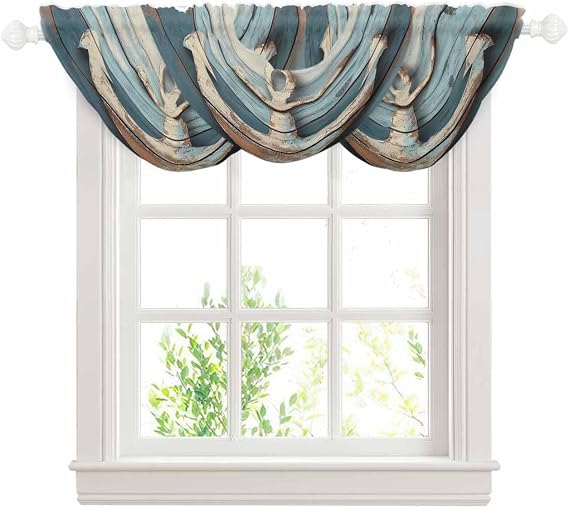Vintage Anchor Waterfall Valances for Windows, Retro Farmhouse Nautical Wooden Kitchen Sheer Valance Curtains, Rod Pocket Elegant Swag Valances for Living Room Bedroom, 47.2"x38.5", 3 Panel
