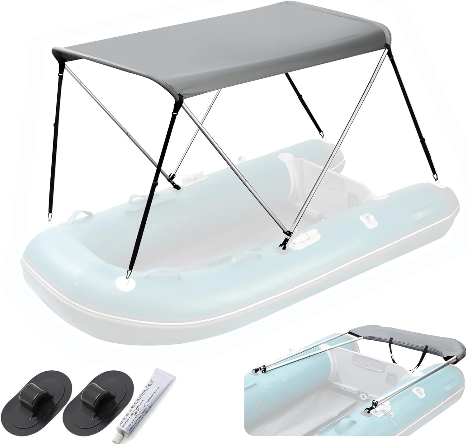 Bimini Top for Inflatable Boat (Width 3.3-4.6 ft) with Mounting Hardware,2 Bow Sun Shade Canopy Accessories with Storage Boots 63" Lx39-55" Wx43.3“H (Inflatable Boat Bimini top Set)