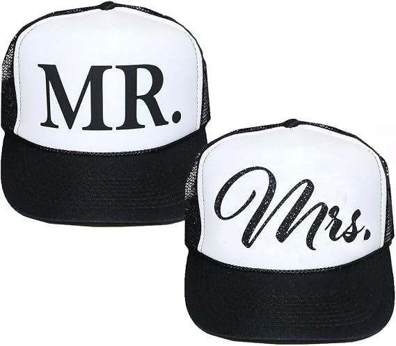 Classy Bride Mr. and Mrs. Trucker Hat Set Black, White