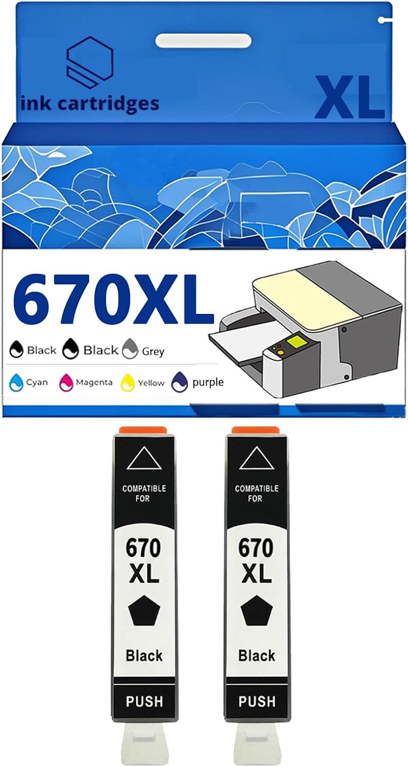 670 670XL Ink Cartridges Compatible for HP 3525 4615 4620 4625 5525 6526 Inkjet Printers, Leak-Proof Design Crisp Printing 2 Black