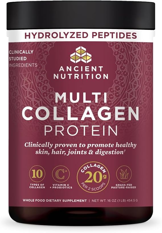 Ancient Nutrition Collagen Powder Protein with Probiotics, Unflavored Multi Collagen Protein with Vitamin C, 45 Servings, Hydrolyzed Collagen Peptides Supports Skin and Nails, Gut Health, 16oz