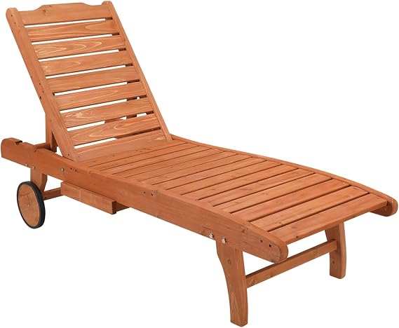 Foldable Outdoor Sun Chaise Lounger, Wooden Patio Chaise Loungers Chair Recliner with 2-Position Backrest, Pull-Out Tray & Wheels, Easy Assembly & Lightweight, Waterproof Poolside Chaise Lounge