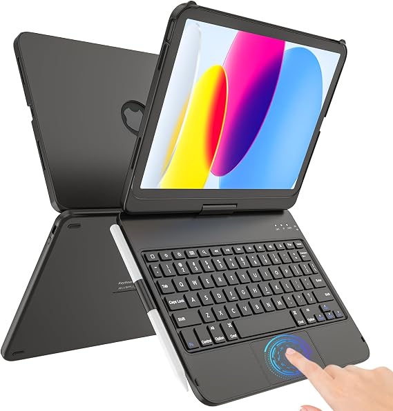 TaIYanG Touch iPad A16 11th/10th Gen Case with Keyboard, 360 Rotatable | Multi-Touch Trackpad, Thin & Light, Pencil Holder, Keyboard for iPad A16 11th 11" (2025) & 10th 10.9" (2022), Black