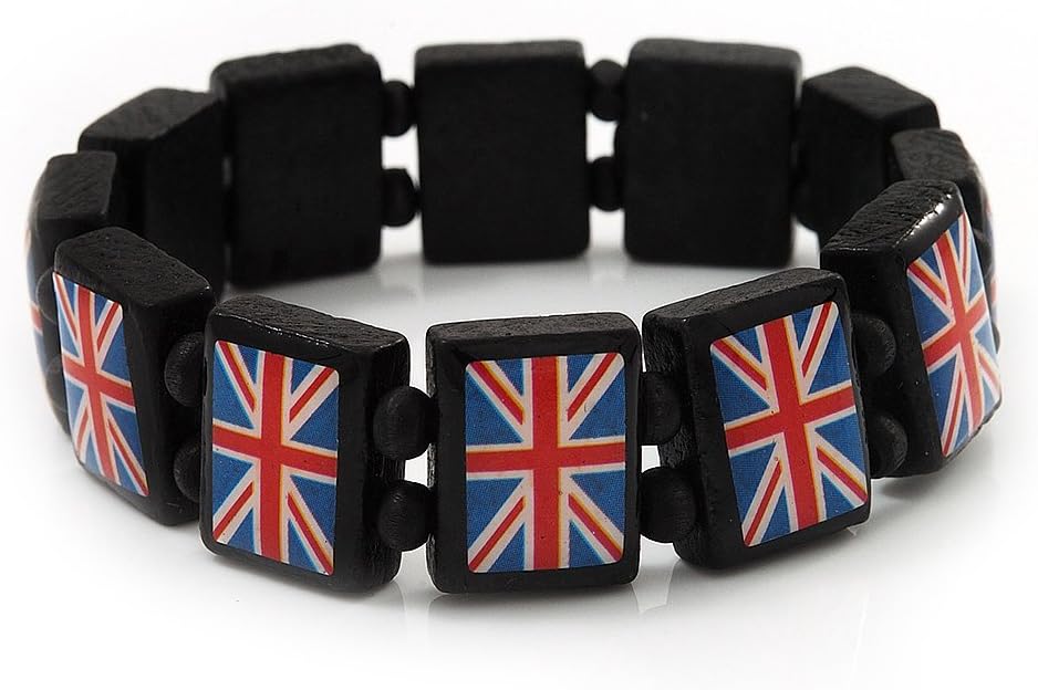 UK British Flag Union Jack Stretch Wooden Bracelet - up to 20cm length