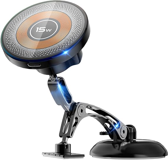 Magnetic for MagSafe Car Mount 15W Wireless Charging, Magnetic Phone Holder for Car with Vacuum, 360Adjustable Metal Head &Extension Rod, Cell Phone Holders for Your Car for iPhone17/16/15/14/13/12