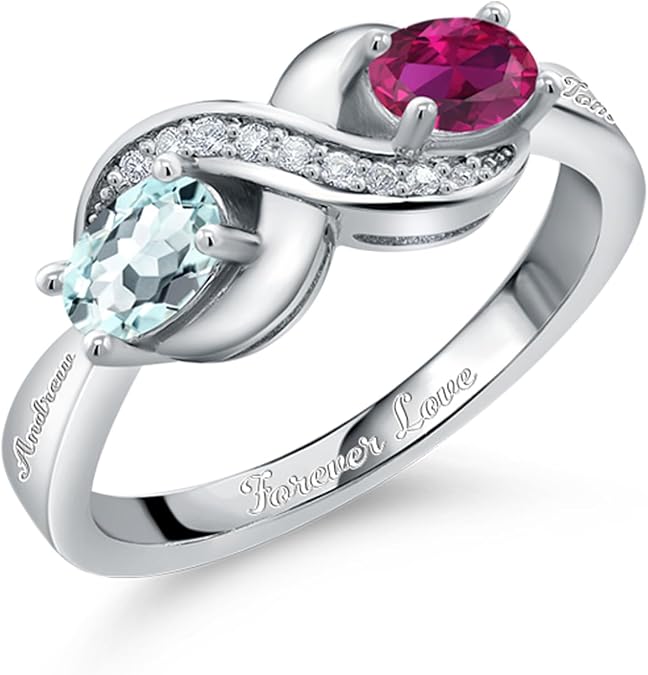 Gem Stone King Personalized Customized Engraved Infinity Ring | 925 Sterling Silver | Gemstone Birthstone | White Created Sapphire Accents | 2-Stone Forever Love Knot Ring For Women Her Mom