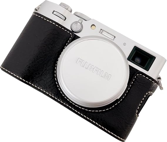 X100VI Case, BMAOLLONGB Handmade PU Cowhide Leather Half Camera Case Bag Cover Bottom Opening Version for Fujifilm X100VI with Hand Strap (Black)