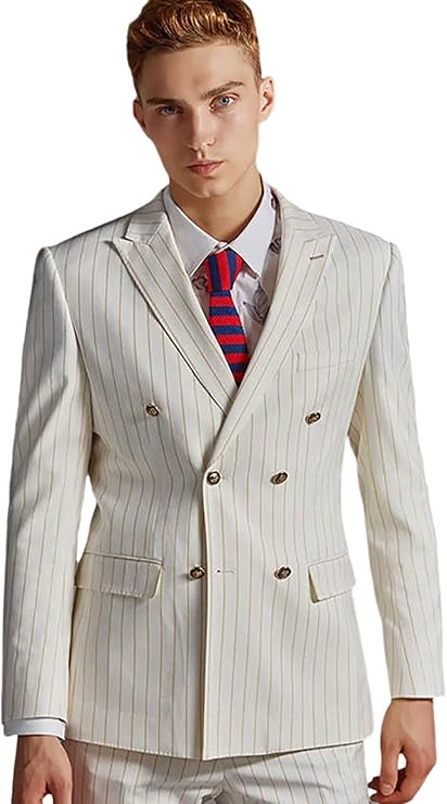 Men's Gold Pinstripe Jacket Double Breasted Peak Lapel Suit Jacket Wedding Tuxedo Dinner Party Formal Groomsmen