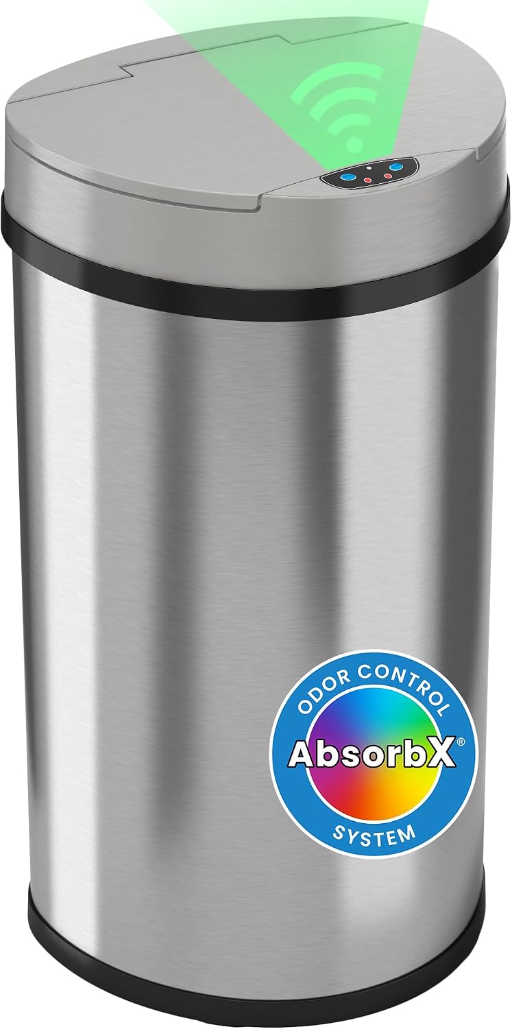 iTouchless 13 Gallon Sensor Kitchen Trash Can with Odor Control System, Stainless Steel Semi-Round Extra-Wide Opening Touchless Automatic Garbage Bin