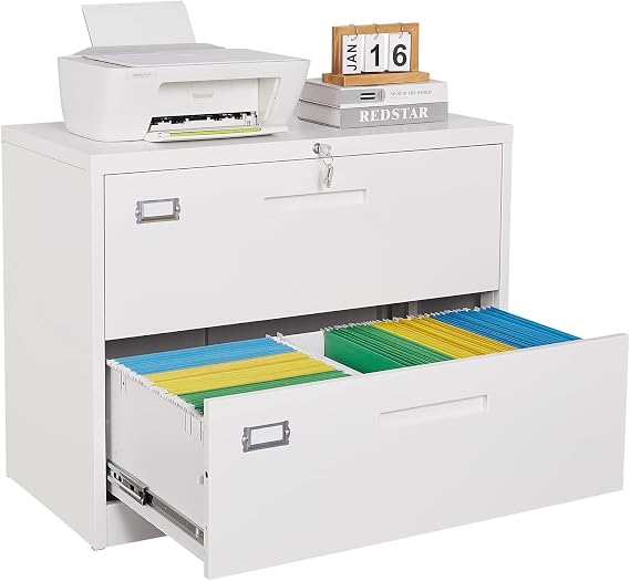 2 Drawer Lateral File Cabinet with Lock,White Lateral Filing Cabinet,Horizontal Metal Filing Cabinet,Locked Wide File Cabinet for Office Home,Fit A4/F4/Letter/Legal File