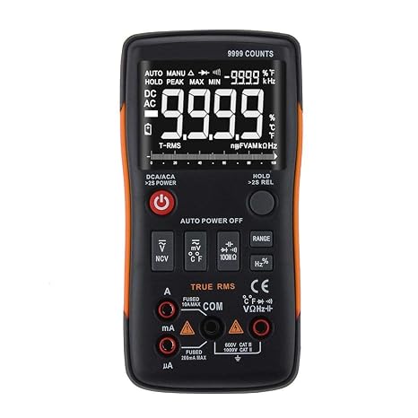 Q1 True-RMS Digital Multimeter Button 9999 Counts with Analog Bar Graph AC/DC Voltage Ammeter Current Ohm Auto/Manual