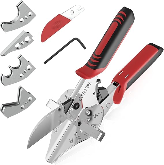 GARTOL Adjustable Ratchet Miter Shears, Precision Multi-Angle Cutter for Quarter Round, Shoe Molding & PVC Trim, 5 Interchangeable Anvils with SK5 Blade, Ideal for Home Renovation & DIY Crafts