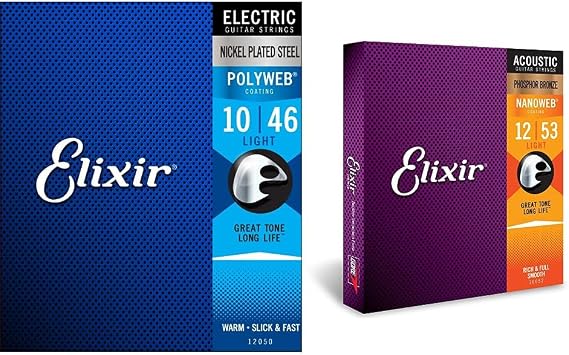 Elixir Strings Electric Guitar Strings with POLYWEB Coating and Acoustic Phosphor Bronze Strings with NANOWEB Coating | Light Gauge