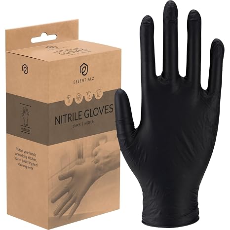 ABENA Essentialz Black Nitrile Disposable Gloves, Medium, Pack of 20 | Latex-Free, Powder-Free, Food Safe, CE Certified, Extra Soft & Elastic for Cleaning, Cooking, Tattoo & Salon