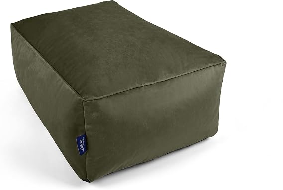 Littens Olive Green Rectangular Footstool Bean Bag, Soft Luxury Velvet, Ottoman Pouffe, Living Room Decorative Low Seat, Piped Detailing (65cm x 45cm x 25cm)