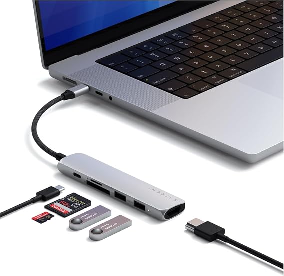 Satechi 6-in-1 USB-C Hub, 4K/60Hz HDMI, 100W PD Charging, Silver | USB hub, 100W PD Charging, 2X USB-A Data Ports, Micro/SD Card Readers, for MacBook Air/Pro/Neo, iPad Air/Pro, Windows