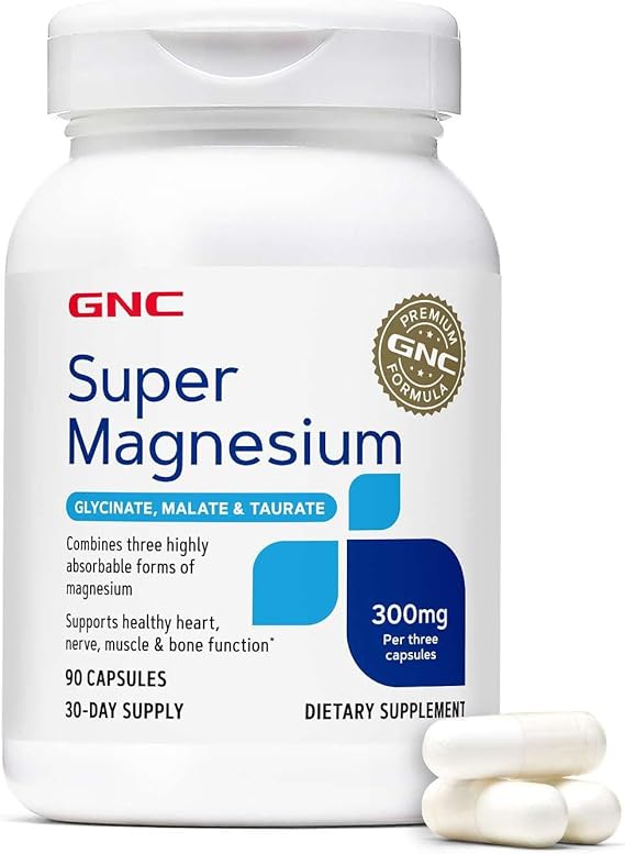 GNC Super Magnesium 300mg, Glycinate, Malate, Taurate, 90 Capsules | Combines Three Highly Absorbable Forms of Magnesium to Support Healthy Heart, Nerve, Muscle, and Bone Function