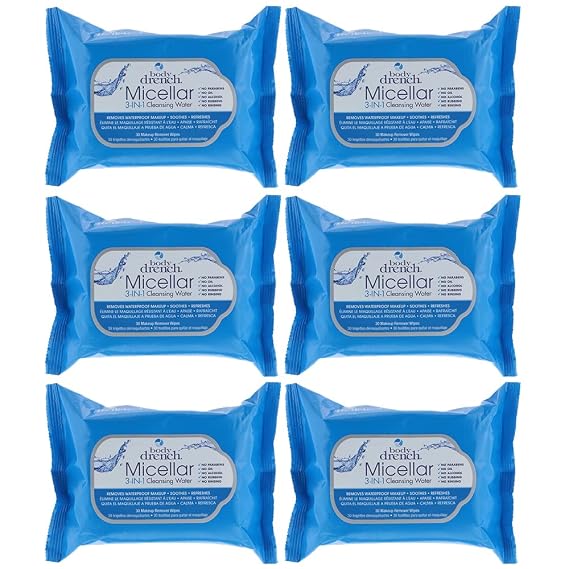 Body Drench 3-in-1 Micellar Water Makeup Remover Wipes Removes Waterproof Makeup, Facial Cleanser, 30 Ct. (6 Pack)