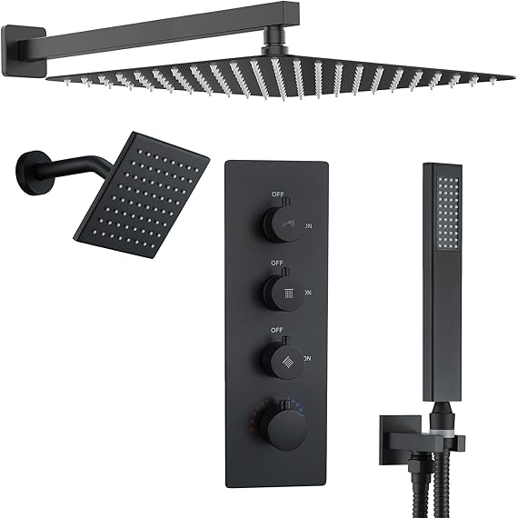 16" Thermostatic Dual Rainfall Head Matte Black Shower System | Wall Mounted Full Body Shower Faucet Set with Thermostatic Valve for Couples/ 2-Person，16“+6”Shower Head & handheld