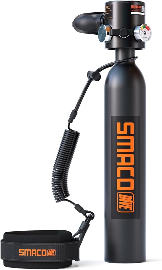 SMACO S300 Mini Scuba Tank Portable Diving Air Tank 0.5L | Reusable Aluminum Pony Bottle, Compact & Lightweight, for Snorkeling, Freediving, Boat Cleaning & Emergency Air Backup