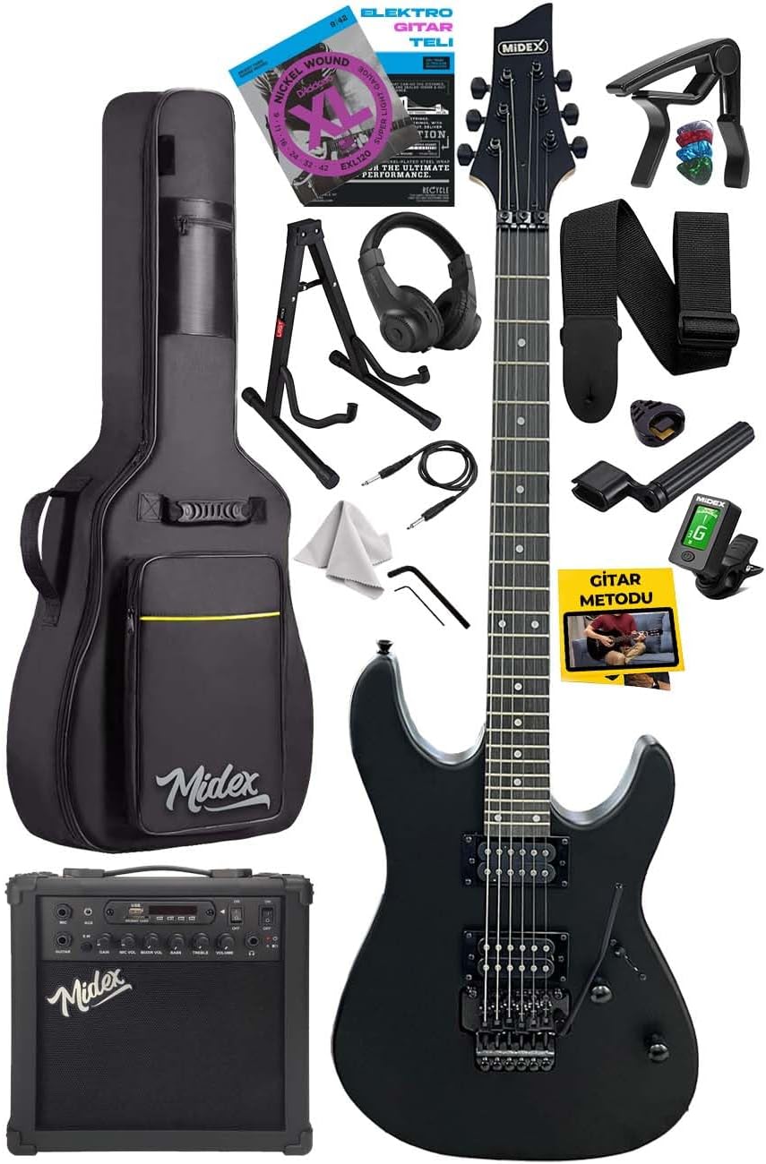 Midex GRX-300-25-AMP Profesyonel Elektro Gitar Seti 25 Watt Gainli Şarjlı Bluetoothlu Amfi ve Full Set