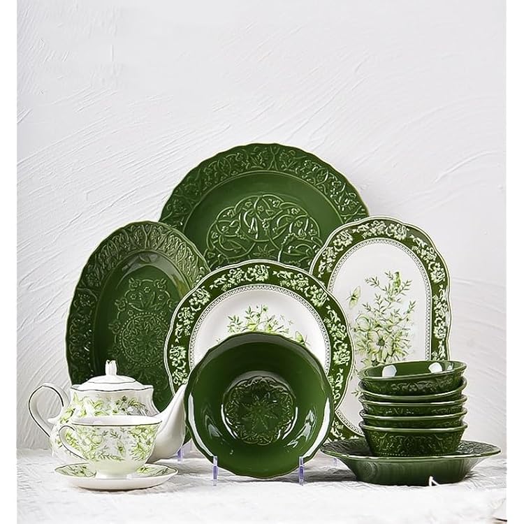 Ceramic Tableware Dish Coffee Pot Coffee Cup Set in Dark Green Retro ReliePattern Dishware set For 4 people, sssd02