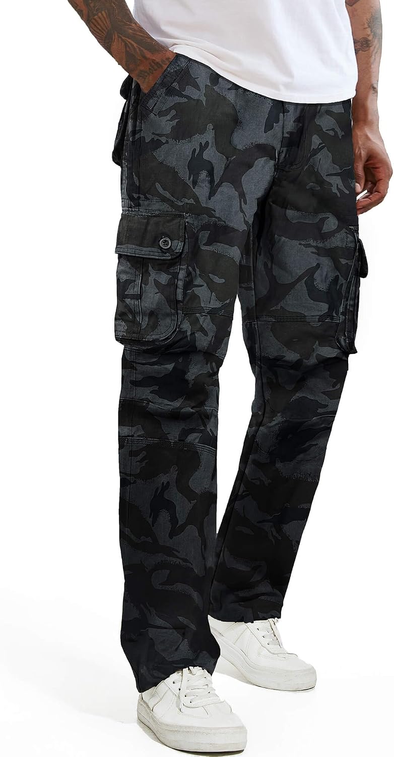 Mens Cargo Work Pants Casual with Pockets Cotton Straight Elastic Waist Pants for Men