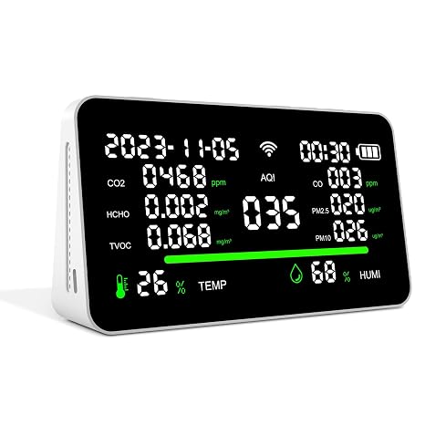 11-in-1 Air Quality Monitor, Indoor CO2/VOC/AQI/PM2.5/Thermometer/Humidity Monitor, Portable Smart Air Quality Meters, Air Quality Tester for Home Office Outdoor, Battery Powered